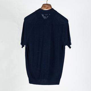 PYA Navy Ribbed Wool-Sink Button Up Polo - Wool, Silk, Merino, Regular Fit, Woven - Back View