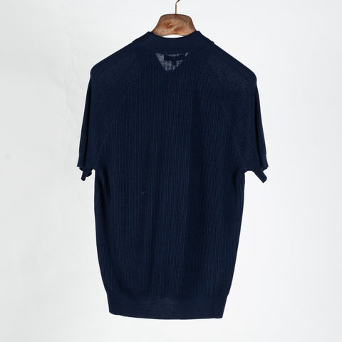 PYA Navy Ribbed Wool-Sink Button Up Polo - Wool, Silk, Merino, Regular Fit, Woven - Back View