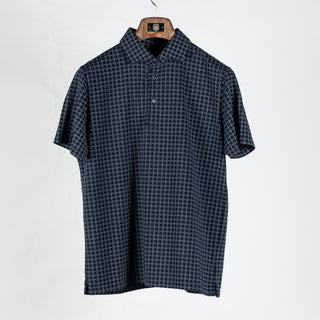 PYA Navy Printed Stretch Polo - Cotton, Pima Cotton, Peruvian Pima, Regular Fit, Geometric, Made In Peru