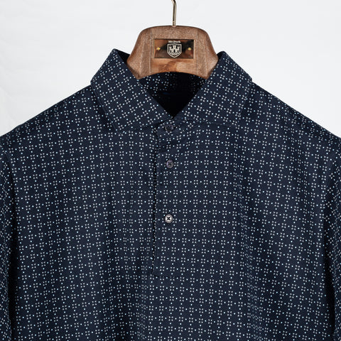 PYA Navy Printed Stretch Polo - Cotton, Pima Cotton, Peruvian Pima, Regular Fit, Geometric, Made In Peru - View 6