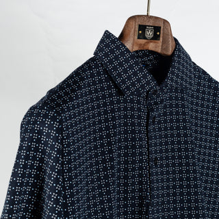 PYA Navy Printed Stretch Polo - Cotton, Pima Cotton, Peruvian Pima, Regular Fit, Geometric, Made In Peru - Detail View