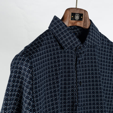 PYA Navy Printed Stretch Polo - Cotton, Pima Cotton, Peruvian Pima, Regular Fit, Geometric, Made In Peru - Detail View