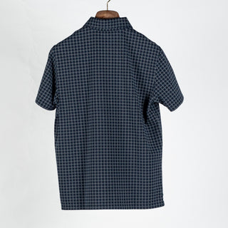 PYA Navy Printed Stretch Polo - Cotton, Pima Cotton, Peruvian Pima, Regular Fit, Geometric, Made In Peru - Back View