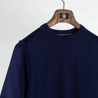 PYA Navy Cotton-Cashmere Blend Knit T-Shirt - Red, Cotton, Cashmere, Denim, Regular Fit - Detail View