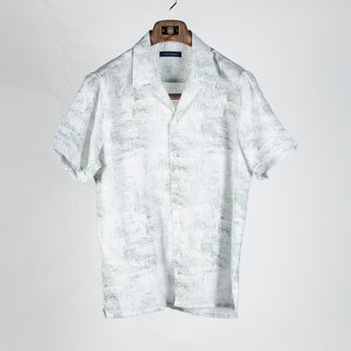 PYA Light Green Botanical Print Linen Camp Collar Shirt - Linen, Regular Fit, Textured