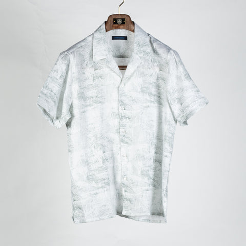 PYA Light Green Botanical Print Linen Camp Collar Shirt - Linen, Regular Fit, Textured