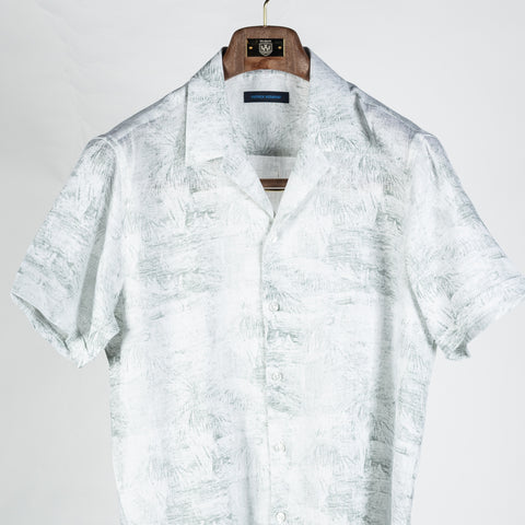 PYA Light Green Botanical Print Linen Camp Collar Shirt - Linen, Regular Fit, Textured - View 5