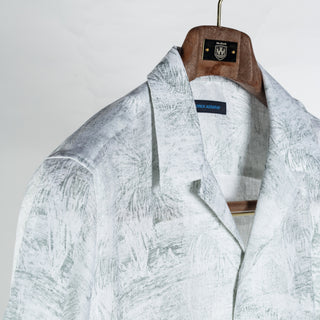 PYA Light Green Botanical Print Linen Camp Collar Shirt - Linen, Regular Fit, Textured - Detail View