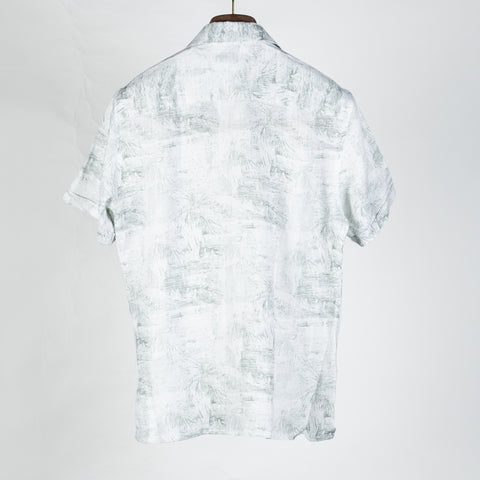 PYA Light Green Botanical Print Linen Camp Collar Shirt - Linen, Regular Fit, Textured - Back View