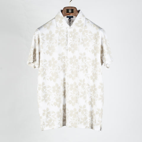PYA Tan Hawaiian Floral Print Stretch Polo - Cotton, Pima Cotton, Peruvian Pima, Regular Fit, Made In Peru