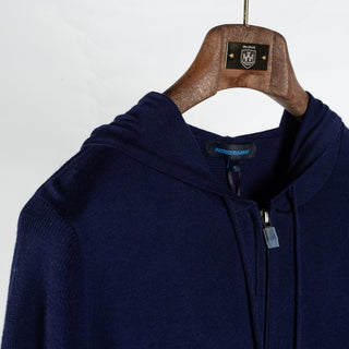 PYA Navy Cotton Cashmere Blend Knit Hoodie - Cotton, Cashmere, Nylon, Regular Fit - Detail View