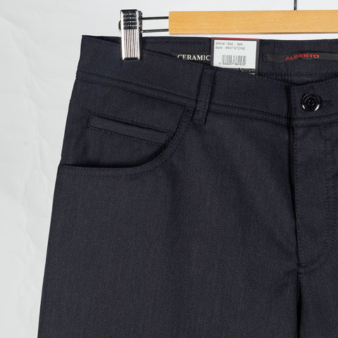 Alberto Navy Two Tone Stone 1942 Ceramica Trousers - Polyester, Viscose, Stretch, Slim Fit - Detail View