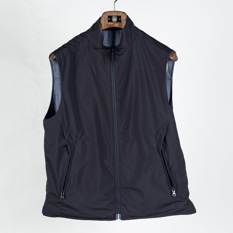 Waterville Textured Wool-Silk Light Blue Reversible Vest - Navy, Wool, Silk, Polyester, Made In Italy - View 5