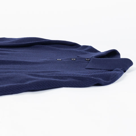 PYA Navy Ribbed Long Sleeve Polo - Cotton, Cashmere, Denim, Regular Fit, Knit - View 8