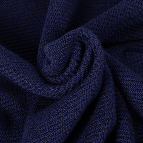 PYA Navy Ribbed Long Sleeve Polo - Cotton, Cashmere, Denim, Regular Fit, Knit - Alternate View