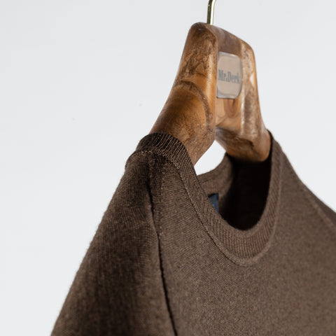 PYA Brown Lightweight Crewneck Sweater - Navy, Wool, Merino, Denim, Regular Fit, Knit - Detail View