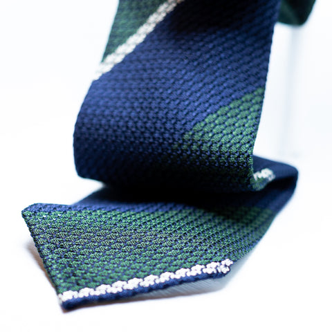 Drake's Navy, Green and White Stripe Silk Grenadine Tie 3