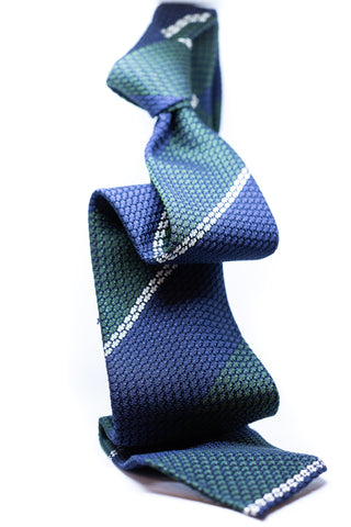 Drake's Navy, Green and White Stripe Silk Grenadine Tie 2