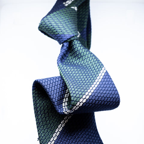 Drake's Navy, Green and White Stripe Silk Grenadine Tie 4