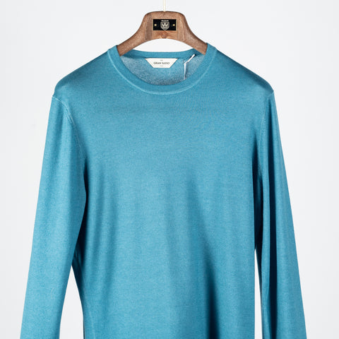 Gran Sasso Turquoise Summer Cashmere Crewneck Sweater - Tan, Cashmere, Denim, Knit, Made In Italy - View 6