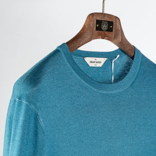 Gran Sasso Turquoise Summer Cashmere Crewneck Sweater - Tan, Cashmere, Denim, Knit, Made In Italy - Detail View