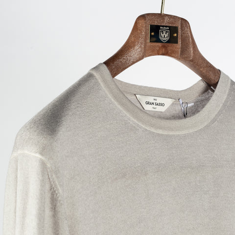 Gran Sasso Oatmeal Summer Cashmere Crewneck Sweater - Tan, Cashmere, Denim, Knit, Made In Italy - Detail View