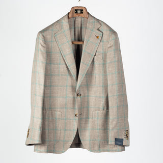 Latorre Tan Windowpane Summer Blazer - Brown, Wool, Linen, Silk, Made In Italy