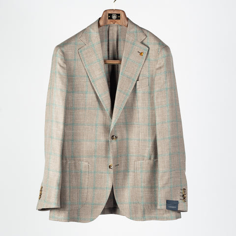 Latorre Tan Windowpane Summer Blazer - Brown, Wool, Linen, Silk, Made In Italy