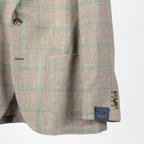 Latorre Tan Windowpane Summer Blazer - Brown, Wool, Linen, Silk, Made In Italy - Back View