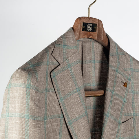 Latorre Tan Windowpane Summer Blazer - Brown, Wool, Linen, Silk, Made In Italy - Detail View