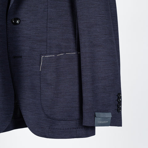 Latorre Textured Navy Stretch Blazer - Wool, Denim, Stretch, Made In Italy - Back View