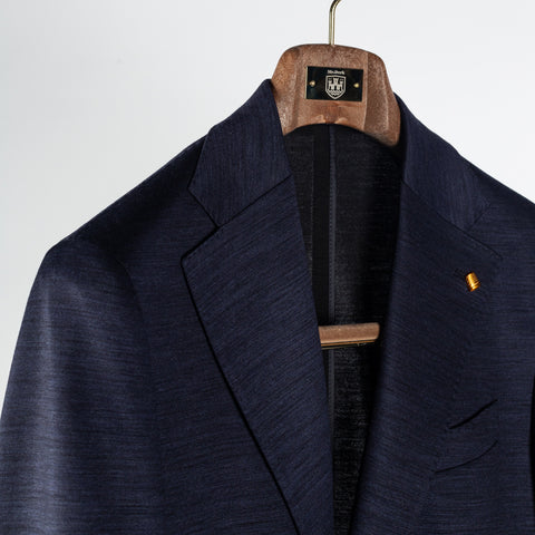 Latorre Textured Navy Stretch Blazer - Wool, Denim, Stretch, Made In Italy - Detail View