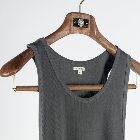 Wythe Faded Black Tubular Cotton Ribbed Tank Top - Cotton, Stretch, Slim Fit, Knit, Made In Peru - Detail View