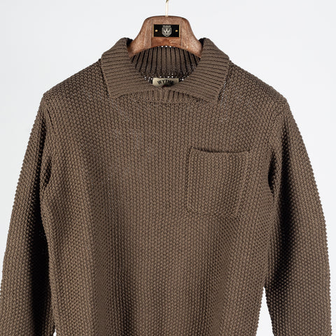 Wythe Dusty Olive Moss Stitch Collared Sweater - Tan, Cotton, Linen, Stretch, Textured, Made In Peru - View 6