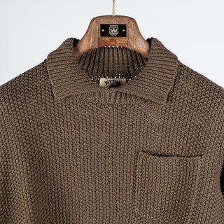 Wythe Dusty Olive Moss Stitch Collared Sweater - Tan, Cotton, Linen, Stretch, Textured, Made In Peru - View 7