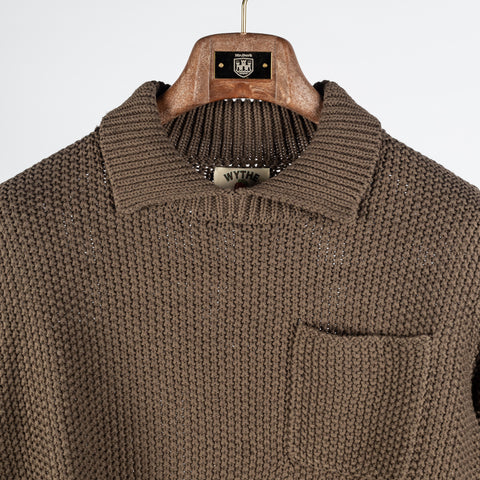 Wythe Dusty Olive Moss Stitch Collared Sweater - Tan, Cotton, Linen, Stretch, Textured, Made In Peru - View 7