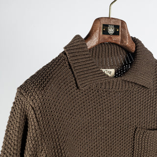 Wythe Dusty Olive Moss Stitch Collared Sweater - Tan, Cotton, Linen, Stretch, Textured, Made In Peru - Detail View