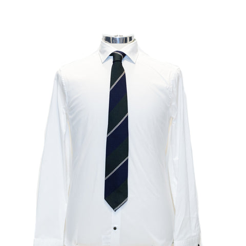 Drake's Navy, Green and White Stripe Silk Grenadine Tie 1