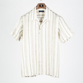 PYA Tan Dobby Stripe Linen Camp Collar Shirt - Linen, Denim, Regular Fit