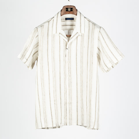 PYA Tan Dobby Stripe Linen Camp Collar Shirt - Linen, Denim, Regular Fit
