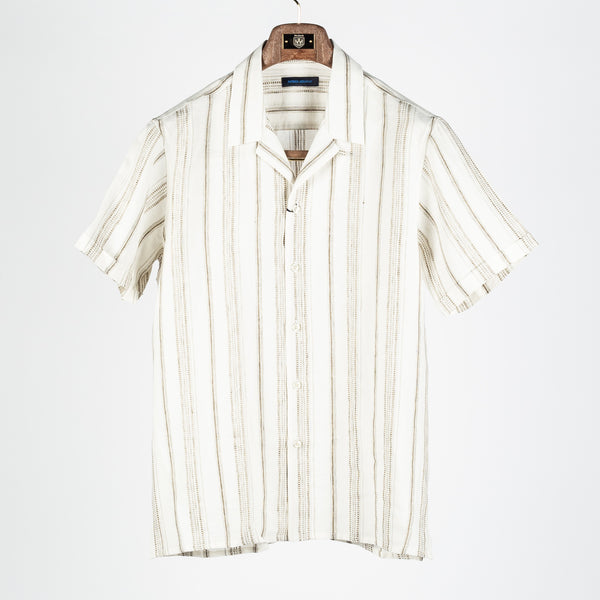 Tan Dobby Stripe Linen Camp Collar Shirt