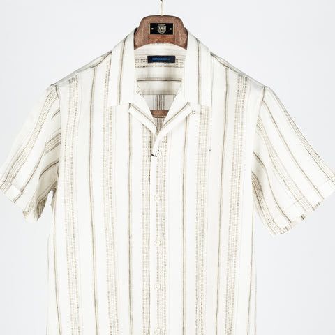 PYA Tan Dobby Stripe Linen Camp Collar Shirt - Linen, Denim, Regular Fit - View 5