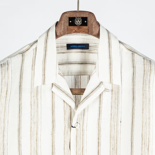 PYA Tan Dobby Stripe Linen Camp Collar Shirt - Linen, Denim, Regular Fit - View 6