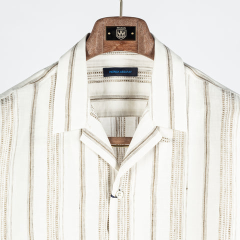 PYA Tan Dobby Stripe Linen Camp Collar Shirt - Linen, Denim, Regular Fit - View 6