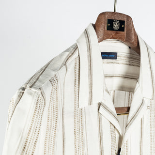 PYA Tan Dobby Stripe Linen Camp Collar Shirt - Linen, Denim, Regular Fit - Detail View