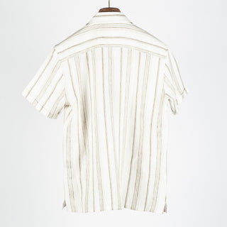 PYA Tan Dobby Stripe Linen Camp Collar Shirt - Linen, Denim, Regular Fit - Back View