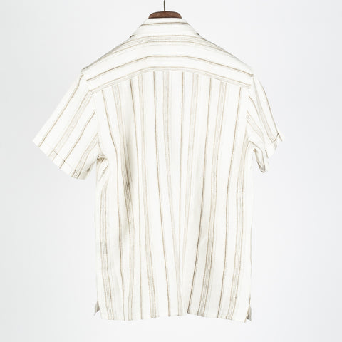 PYA Tan Dobby Stripe Linen Camp Collar Shirt - Linen, Denim, Regular Fit - Back View