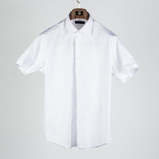 PYA White Short Sleeve Button Up Shirt - Cotton, Polyester, Stretch, Slim Fit