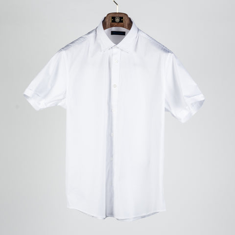 PYA White Short Sleeve Button Up Shirt - Cotton, Polyester, Stretch, Slim Fit
