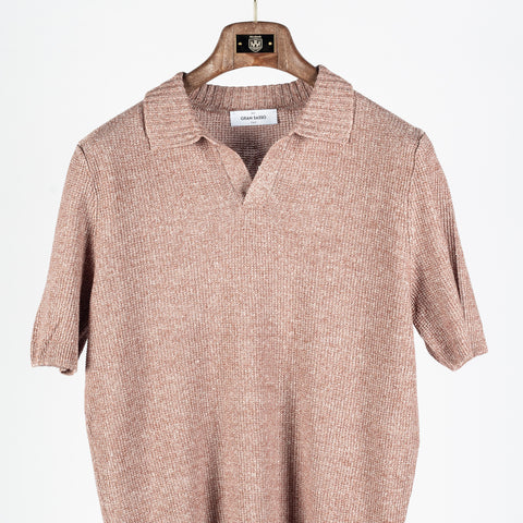 Gran Sasso Textured Red Rice Stitch Knit Skipper Polo - Cotton, Linen, Made In Italy - View 5